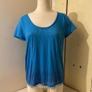 Free People Womens Size Medium Blue Boho Beaded Trim Tunic Top Shirt